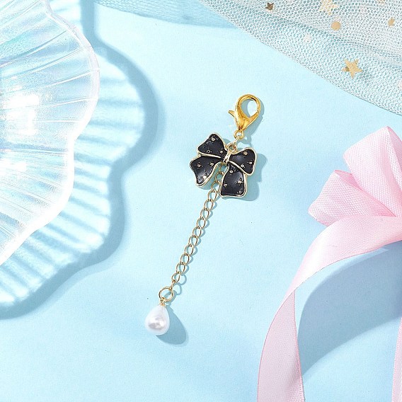 Подвесные украшения из эмалевого сплава с бантом и АБС-пластика с имитацией жемчуга, с цинковым сплавом застежками омаров коготь