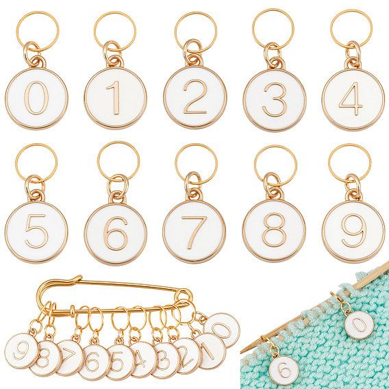 10 маркеры стежков с замком из сплава эмали, плоские круглые с номером, с латунными соединительными кольцами и железной брошью