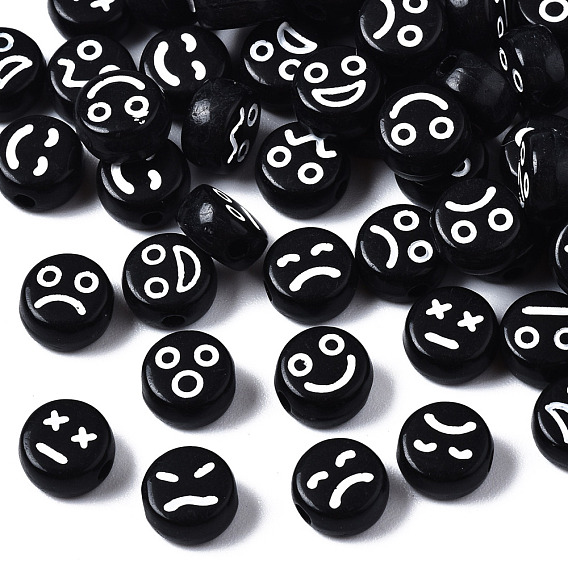 Opaque Black Acrylic Beads, Flat Round with Mixed Expression