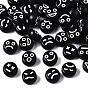 Opaque Black Acrylic Beads, Flat Round with Mixed Expression