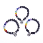 Chakra Natural Mixed Stone Charm Bracelets, with Alloy Finding, Burlap Packing Pouches Drawstring Bags, Flat Round, Antique Silver