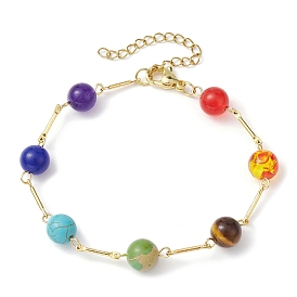 Natural & Synthetic Mixed Gemstone Round Beaded Link Chain Bracelet, Stainless Steel Bracelet with Resin Imitation Amber
