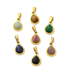 Gemstone Faceted Teardrop Charms, with Golden Tone 304 Stainless Steel Snap on Bails