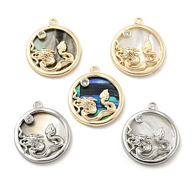 Brass Micro Pave Clear Cubic Zirconia Pendants, with Shell, Flat Round with Dragon Charms