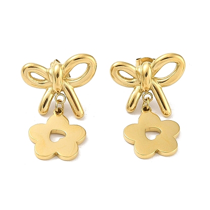 304 boucles d'oreille en acier inoxydable, boucles d'oreilles pendantes avec nœud papillon et fleur pour femme