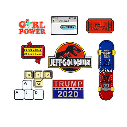 Creative Badge Set: Fashionable Trump, Couple Skateboard, Keyboard, Dinosaur & Movie Ticket Pins