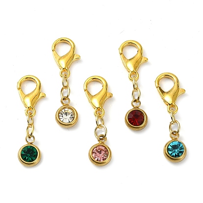 201 Stainless Steel Rhinestone Pendant Decorations, with Zinc Alloy Lobster Claw Clasps, Flat Round