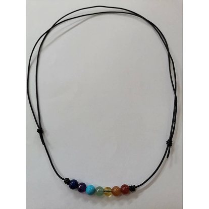 Chakra Jewelry, Adjustable Leather Cord Necklace, with Natural Mixed Gemstone Beads