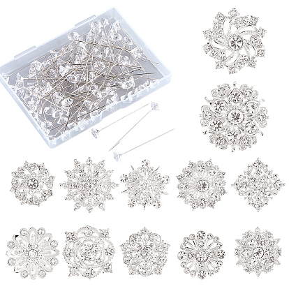 Наборы для самостоятельного украшения букетов цветов, включая пластиковые прямые булавки с алмазной головкой, броши-булавки с цветочным узором и стразами