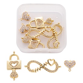 6Pcs 3 Style Brass Micro Pave Clear Cubic Zirconia Links, Heart & Infinite & Lock, Valentine's Day