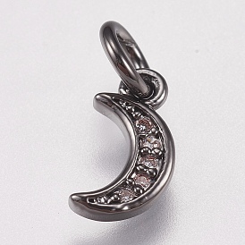 Brass Micro Pave Cubic Zirconia Charms, Cadmium Free & Lead Free, Moon