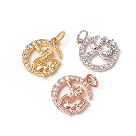 Brass Micro Pave Clear Cubic Zirconia Pendants, with Jump Rings, Long-Lasting Plated, Moon with Fairy