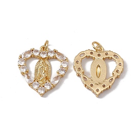 Brass Micro Pave Clear Cubic Zirconia Pendants, with Jump Ring, Cadmium Free & Nickel Free & Lead Free, Rack Plating, Heart with Virgin Pattern