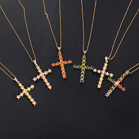Colorful Rhinestone Necklace with Cross Pendant and Gold-Plated Collarbone Chain Jewelry