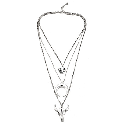 Многослойное ожерелье с геометрическим круглым глазом и рогом с модным дизайном головы быка из сплава