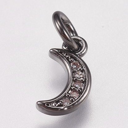 Brass Micro Pave Cubic Zirconia Charms, Cadmium Free & Lead Free, Moon