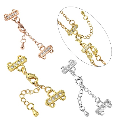 Brass Micro Pave Cubic Zirconia Chain Extender, Necklace Layering Clasps, with 2 Strands 4-Hole Ends and Lobster Claw Clasps, Cadmium Free & Nickel Free & Lead Free, 29mm, Hole: 1mm, Ends: 9x12x2mm, Clasp: 10x6x3mm