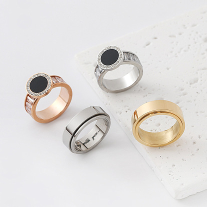 304 Stainless Steel Rhinestone Finger Rings for Women, Round