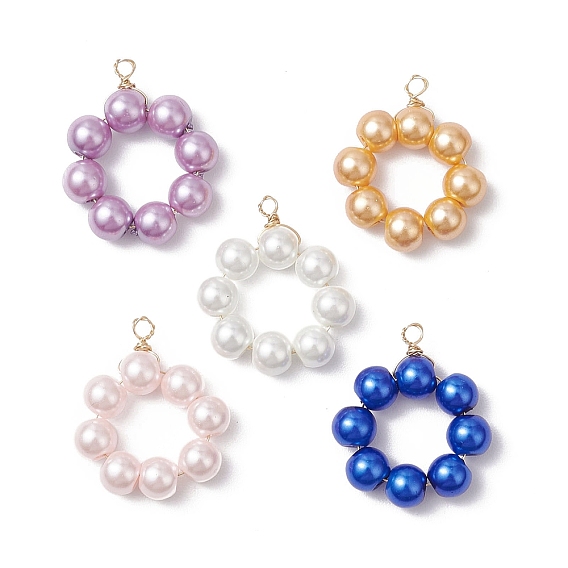 5шт 5 цвета подвески из стеклянных бусин, кольцо, с медной проволокой светло-золотистого цвета