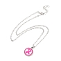 Glass Flat Round Pendant Necklace with Brass Chain, Breast Cancer Awareness Ribbon Jewelry for Women