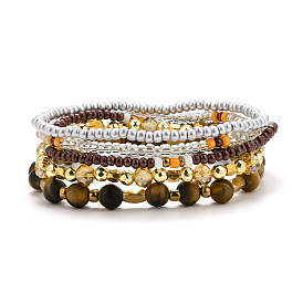 5Pcs 5 Style Gemstone & Synthetic Hematite & Glass Sead Beads Stretch Bracelets Set, Stackable Bracelets for Women Girls
