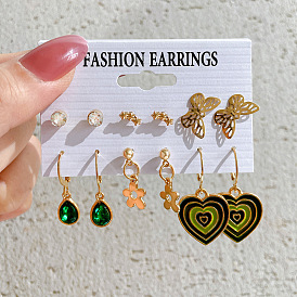 Minimalist Green Teardrop Jewelry Set with Multi-layered Heart Oil Drop Earrings - 6 Pieces