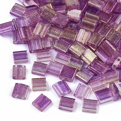 2-Hole Glass Seed Beads, Transparent Spray Painted, with Glitter Powder, Rectangle