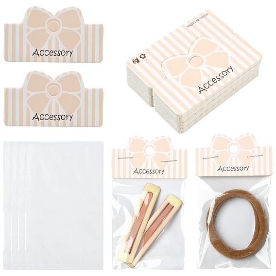 50шт. складные бумажные карточки с бантиком, упаковочная бумага картон с отверстием для подвешивания, прямоугольные, с 50 целлофановыми пакетами OPP