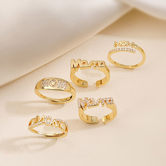 Кольца на палец из латуни с микропаве и прозрачными кубическими циркониями ко Дню матери, слово мама