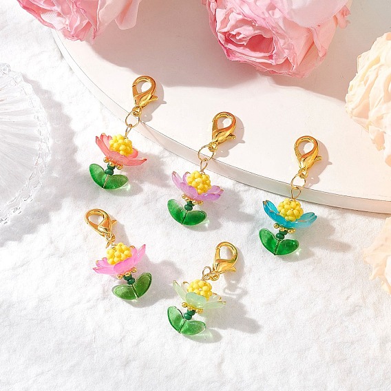 Наборы украшений в виде подвесок в виде цветов из стеклянных бусин и акриловых камней ручной работы, с поворотными карабинами из сплава, подвесные украшения