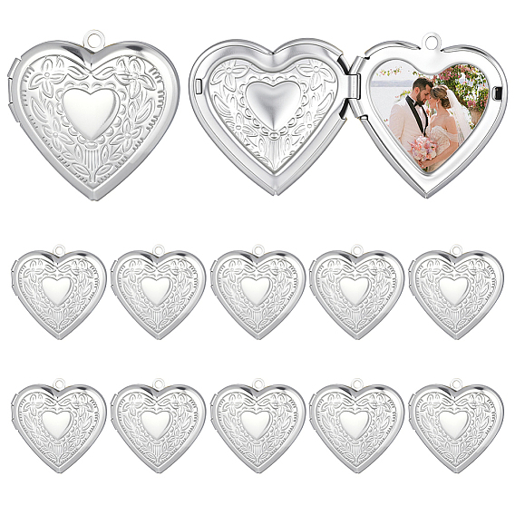 12Pcs 316 Stainless Steel Photo Locket Pendants, Heart Carved Pattern