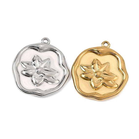 304 Stainless Steel Pendants, Flat Round with Flower Charms