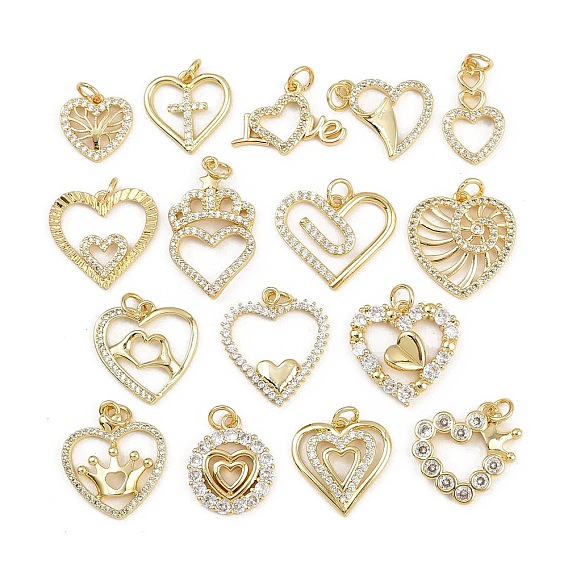 Латунные микропаве прозрачные подвески с фианитом, сердце, с целью перехода в кольце