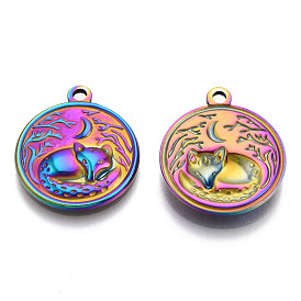 201 Stainless Steel Pendants, Flat Round with Fox Charm