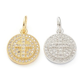 Brass Micro Pave Clear Cubic Zirconia Pendants, Long-Lasting Plated, Flat Round with Cross