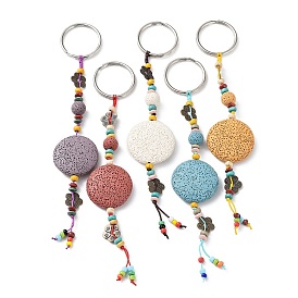 Round Natural Lava Rock Beads Keychain, with Iron Ring and Alloy Findings