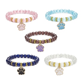 Cat Eye Round Beads Beaded Bracelets, Alloy Enamel Dog Paw Prints Charm Stretch Bracelets for Woman