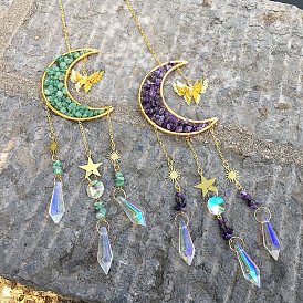 Attrape-soleil en verre, Décorations de pendentif en pierre naturelle mélangée lune et papillon