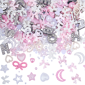 26шт. 26 стили: буквы от A до Z, стразы из сплава, подвески-слайды с инициалами и 200шт. фурнитура в виде бантиков/сердец/лун из смолы, кабошоны