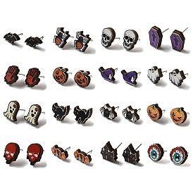 Деревянные серьги-гвоздики, с 316 хирургическим стержнем из нержавеющей стали, Хэллоуин тема