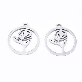 Saint Valentin 201 pendentifs en acier inoxydable, Coupe au laser, creux, bague avec rose
