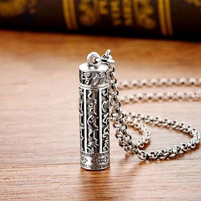 Sterling Silver Textured Pendants Necklaces for Women Men, Column with Om Mani Padme Hum