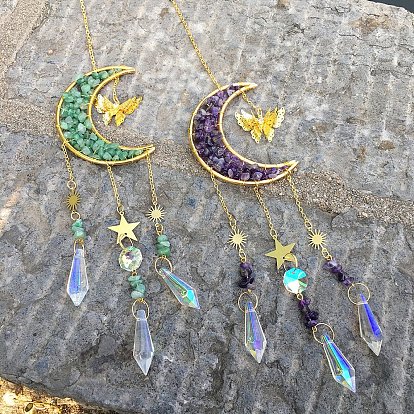 Glass Suncatchers, Moon & Butterfly Natural Mixed Stone Pendant Decorations