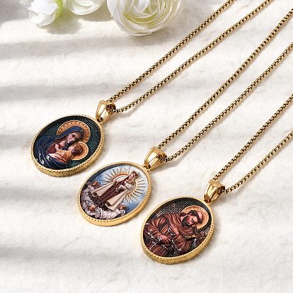 Религия 304 Овальное ожерелье из нержавеющей стали с эмалированной подвеской в виде девственной святыни, цепочка-коробочка, золотые