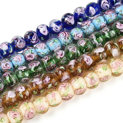 Нити бусин-рондель с внутренним цветком ручной работы в технике лэмпворк, с золотой порошок