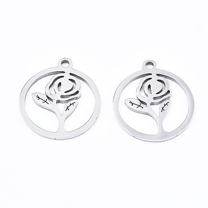 Saint Valentin 201 pendentifs en acier inoxydable, Coupe au laser, creux, bague avec rose