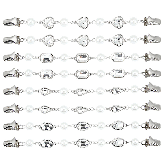 8 шт. 4 стили зажимы для кардигана из сплава, со стеклянным жемчугом, капля, сердце, овал и прямоугольник