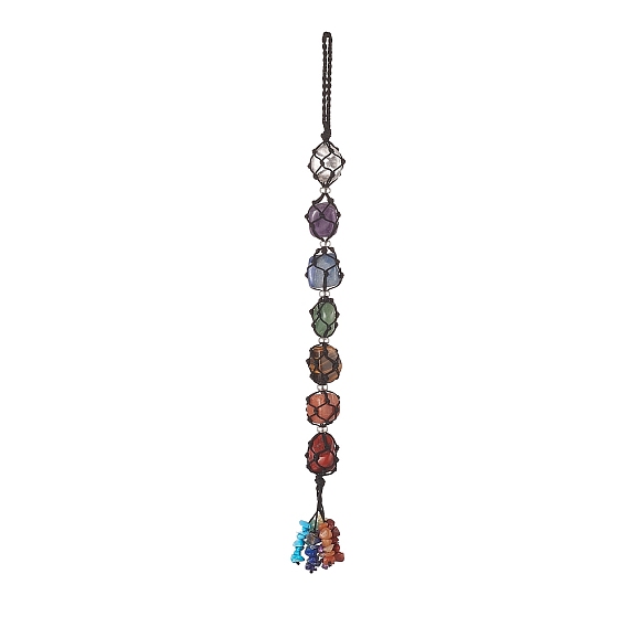 Chakra Gemstone Beads Pendant Decoration, Gemstone Chip Tassel Nylon Thread Hinging Ornament