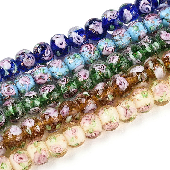 Нити бусин-рондель с внутренним цветком ручной работы в технике лэмпворк, с золотой порошок