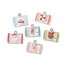 Christmas Theme Transparent Resin Pendants, with Platinum Tone Iron Loops, Candy Bag Charm with Pattern
